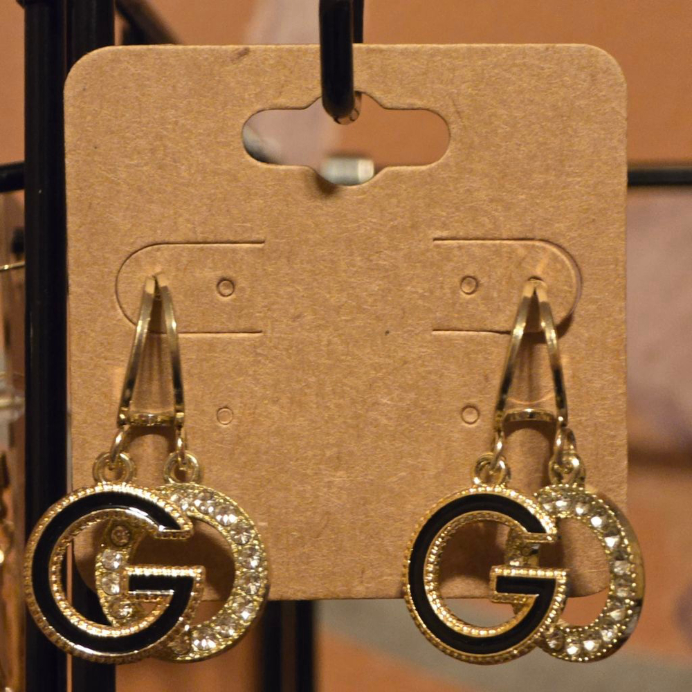 Fashion Inspired Gold Black G Logo Dangle Earrings